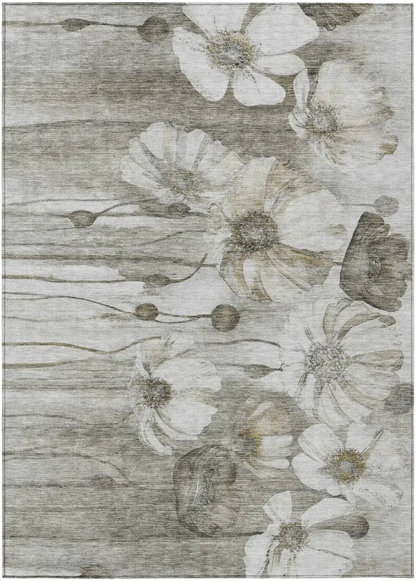 Taupe Ivory And Tan Floral Washable Indoor Outdoor Area Rug Photo 1