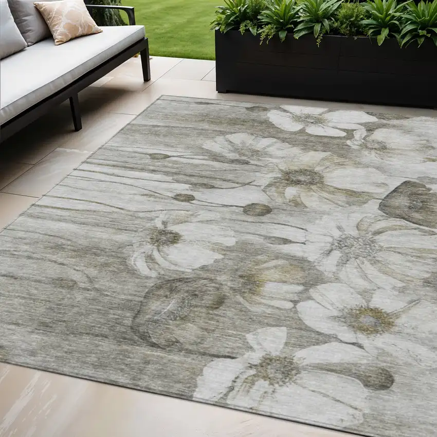 Taupe Ivory And Tan Floral Washable Indoor Outdoor Area Rug Photo 1