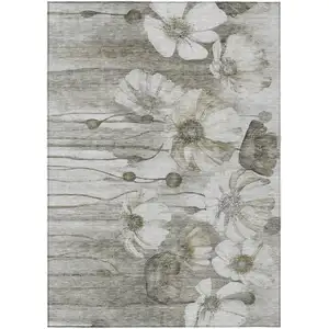Photo of Taupe Ivory And Tan Floral Washable Indoor Outdoor Area Rug