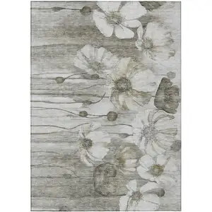 Photo of Taupe Ivory And Tan Floral Washable Indoor Outdoor Area Rug
