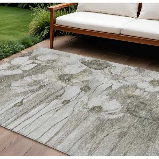 Taupe Ivory And Tan Floral Washable Indoor Outdoor Area Rug Photo 1