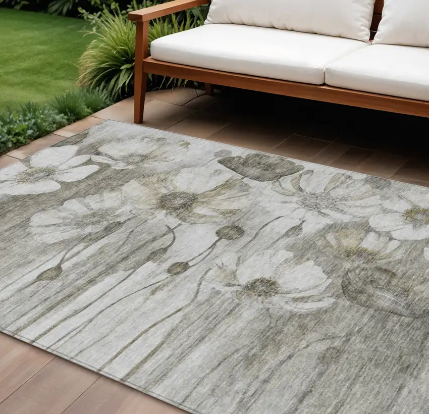 Taupe Ivory And Tan Floral Washable Indoor Outdoor Area Rug Photo 1