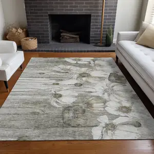 Photo of Taupe Ivory And Tan Floral Washable Indoor Outdoor Area Rug