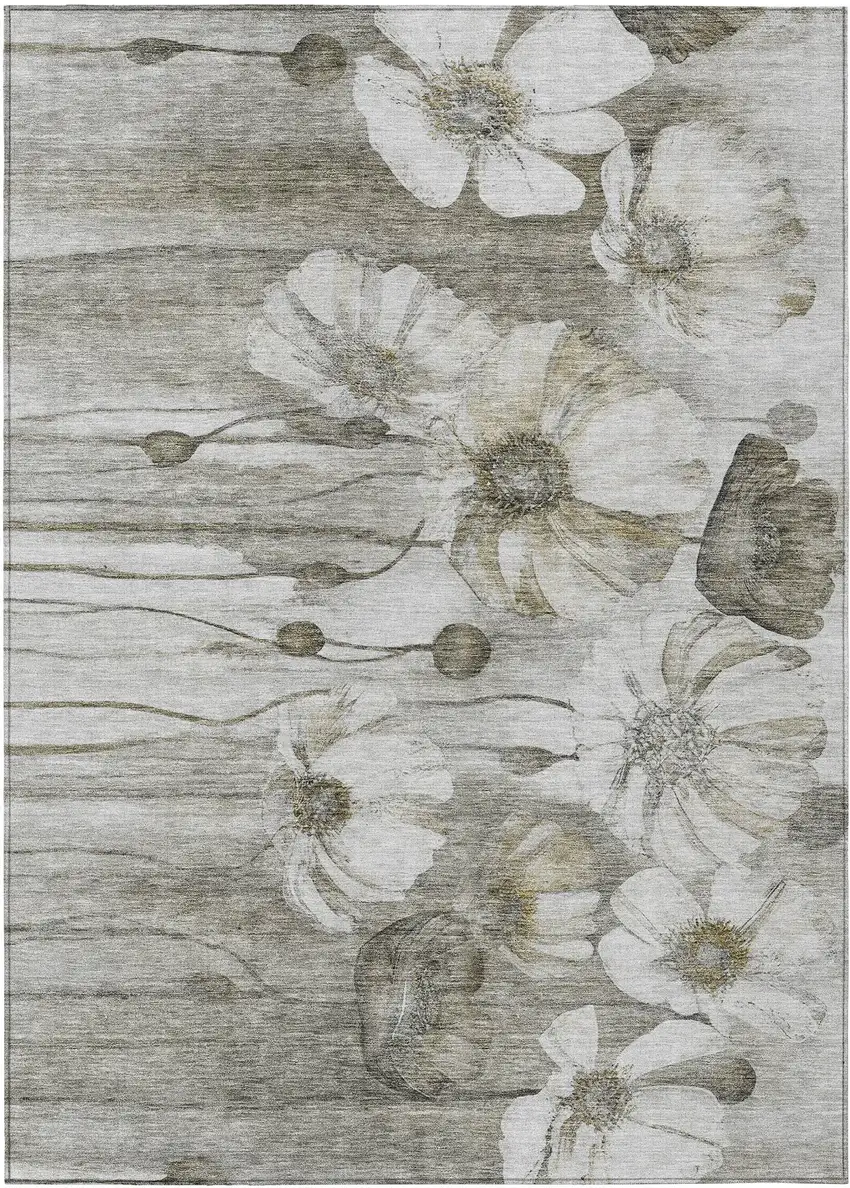 Taupe Ivory And Tan Floral Washable Indoor Outdoor Area Rug Photo 1