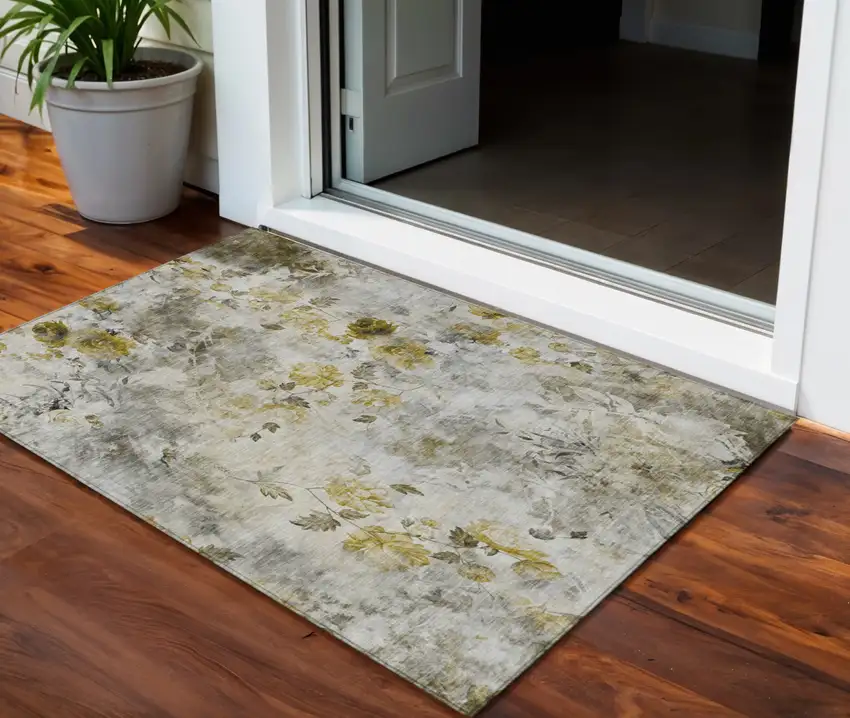 Taupe Ivory And Tan Floral Washable Indoor Outdoor Area Rug Photo 1