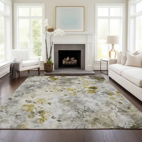 Taupe Ivory And Tan Floral Washable Indoor Outdoor Area Rug Photo 8