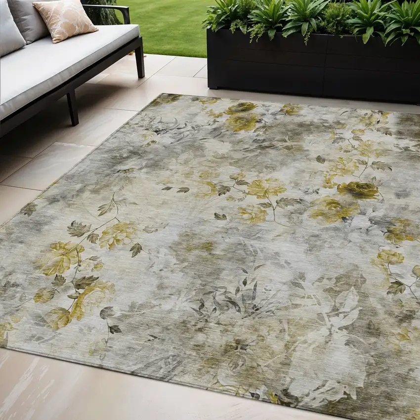 Taupe Ivory And Tan Floral Washable Indoor Outdoor Area Rug Photo 1