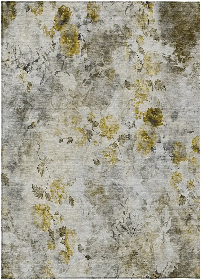 Taupe Ivory And Tan Floral Washable Indoor Outdoor Area Rug Photo 1
