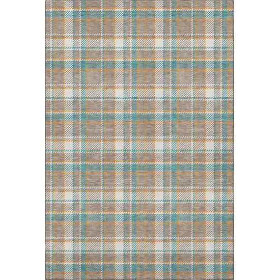 Taupe Ivory And Teal Plaid Washable Area Rug With UV Protection Photo 3