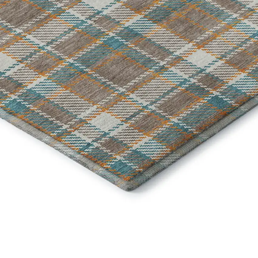 Taupe Ivory And Teal Plaid Washable Area Rug With UV Protection Photo 7