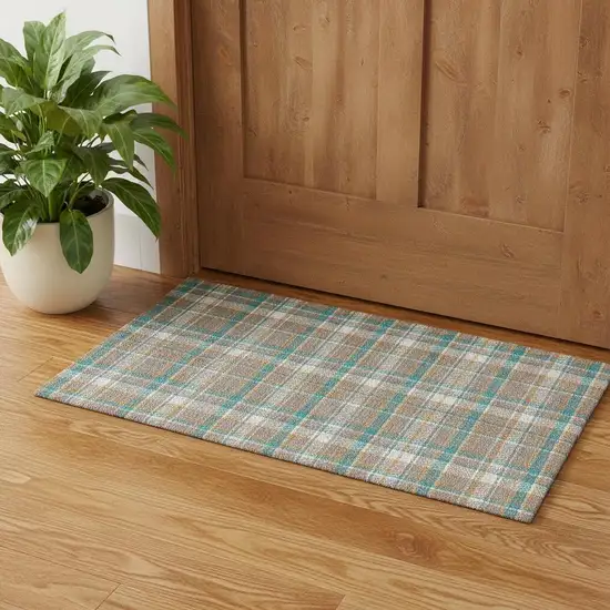 Taupe Ivory And Teal Plaid Washable Area Rug With UV Protection Photo 1