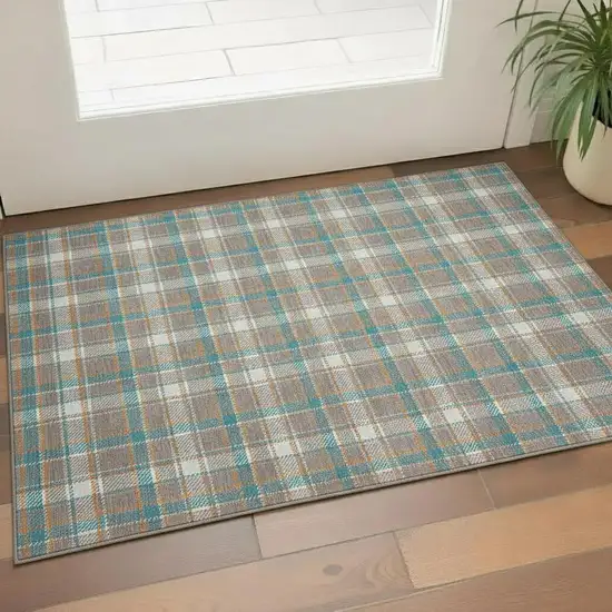 Taupe Ivory And Teal Plaid Washable Area Rug With UV Protection Photo 2