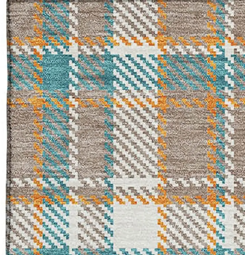 Taupe Ivory And Teal Plaid Washable Area Rug With UV Protection Photo 2