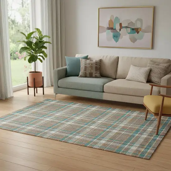 Taupe Ivory And Teal Plaid Washable Area Rug With UV Protection Photo 2