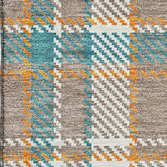 Taupe Ivory And Teal Plaid Washable Area Rug With UV Protection Photo 2