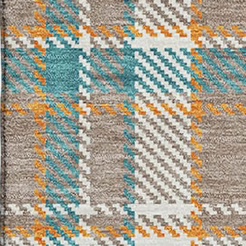 Taupe Ivory And Teal Plaid Washable Area Rug With UV Protection Photo 2