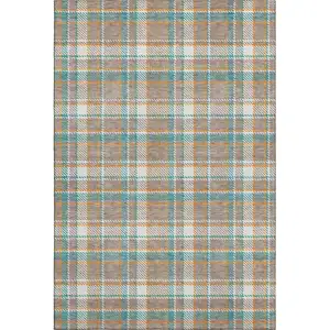 Photo of Taupe Ivory And Teal Plaid Washable Area Rug With UV Protection
