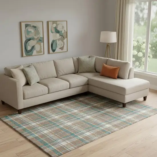 Taupe Ivory And Teal Plaid Washable Area Rug With UV Protection Photo 2