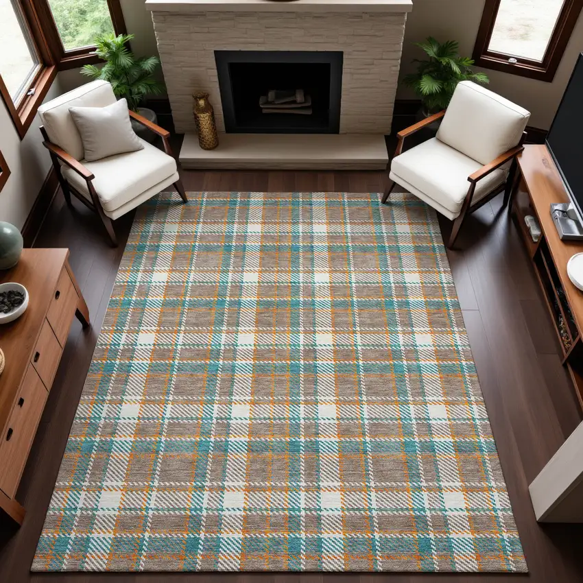 Taupe Ivory And Teal Plaid Washable Area Rug With UV Protection Photo 4