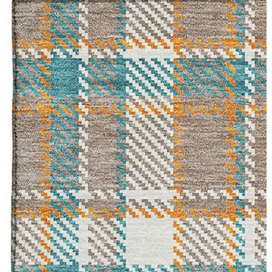 Taupe Ivory And Teal Plaid Washable Area Rug With UV Protection Photo 3