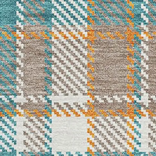 Taupe Ivory And Teal Plaid Washable Area Rug With UV Protection Photo 2