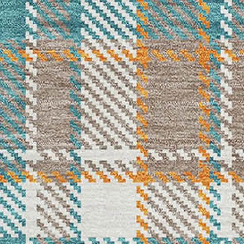 Taupe Ivory And Teal Plaid Washable Area Rug With UV Protection Photo 2