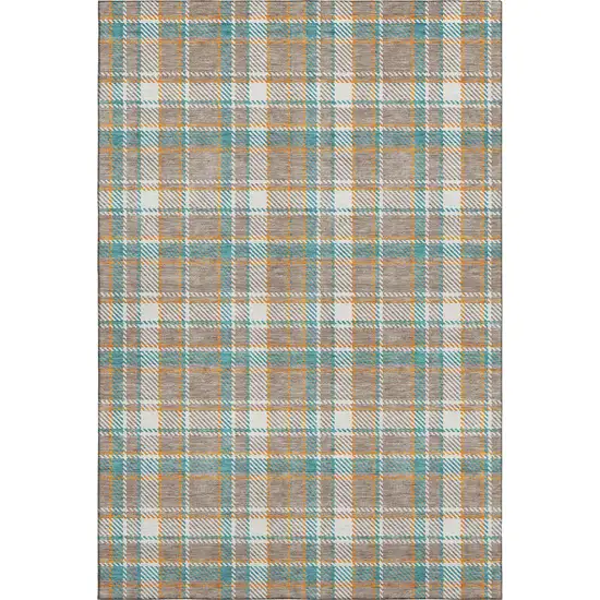 Taupe Ivory And Teal Plaid Washable Area Rug With UV Protection Photo 1