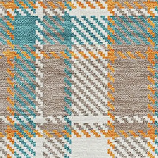 Taupe Ivory And Teal Plaid Washable Area Rug With UV Protection Photo 2