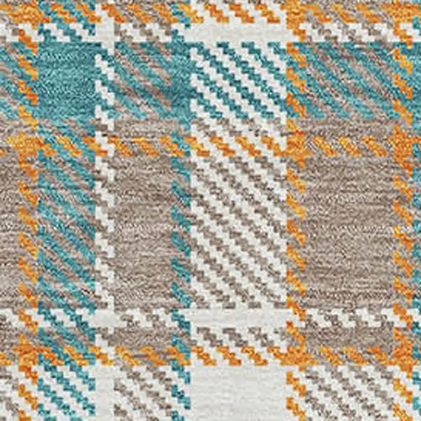Taupe Ivory And Teal Plaid Washable Area Rug With UV Protection Photo 2