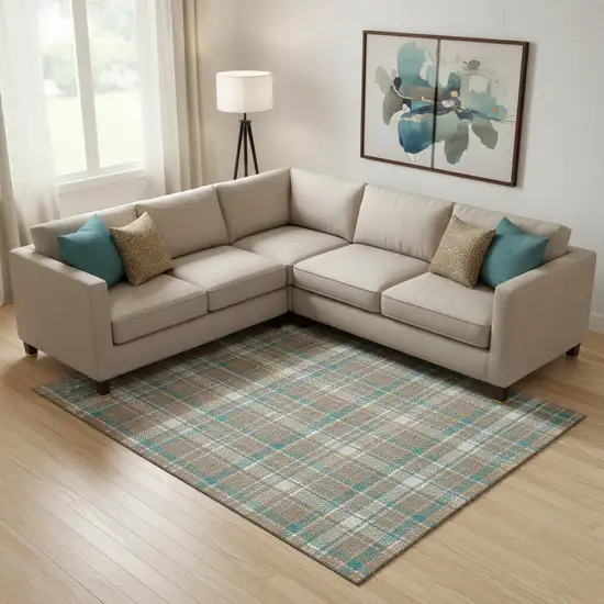 Taupe Ivory And Teal Plaid Washable Area Rug With UV Protection Photo 2