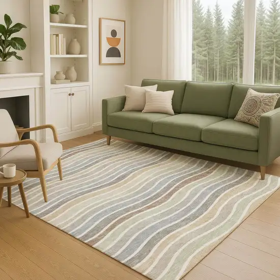 Taupe Ivory And Wheat Striped Washable Indoor Outdoor Area Rug Photo 9