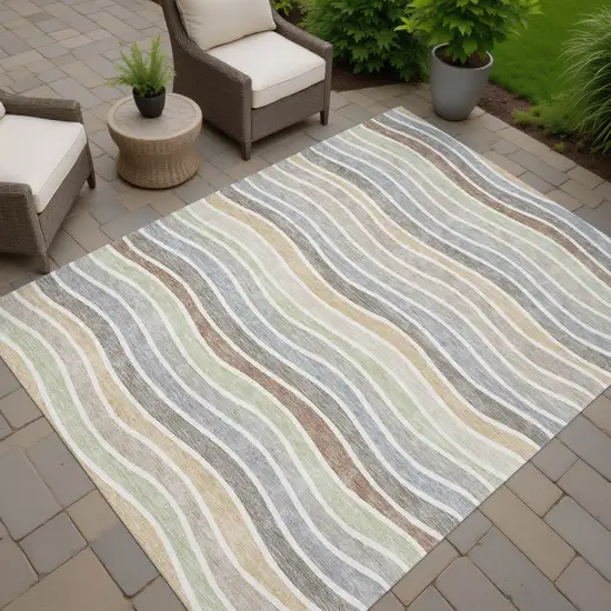 Taupe Ivory And Wheat Striped Washable Indoor Outdoor Area Rug Photo 8