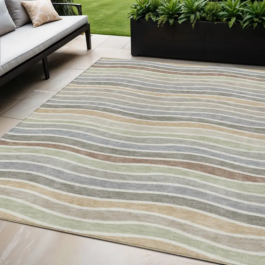 Taupe Ivory And Wheat Striped Washable Indoor Outdoor Area Rug Photo 1