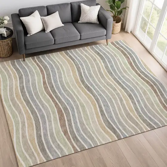 Taupe Ivory And Wheat Striped Washable Indoor Outdoor Area Rug Photo 9