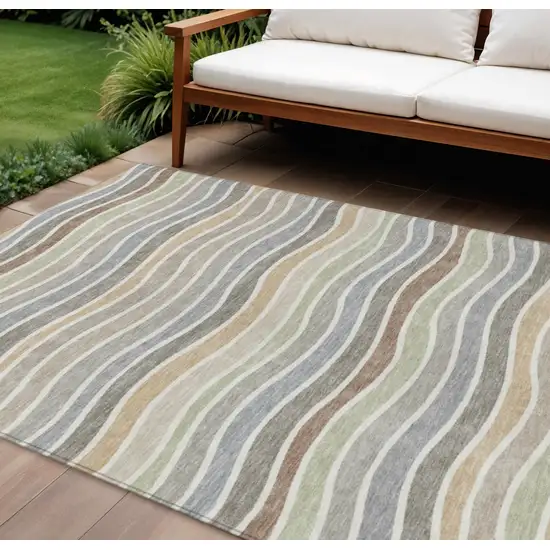Taupe Ivory And Wheat Striped Washable Indoor Outdoor Area Rug Photo 1
