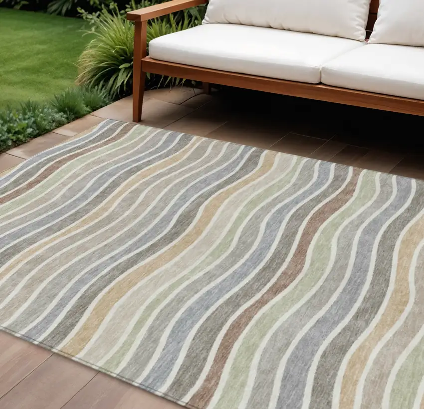 Taupe Ivory And Wheat Striped Washable Indoor Outdoor Area Rug Photo 1