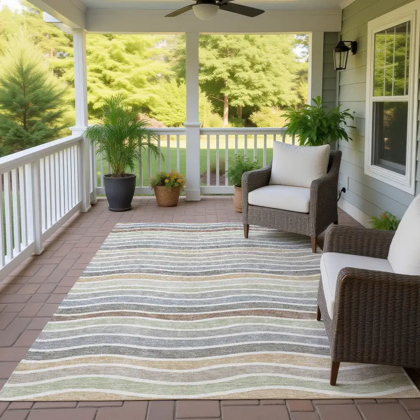 Taupe Ivory And Wheat Striped Washable Indoor Outdoor Area Rug Photo 9