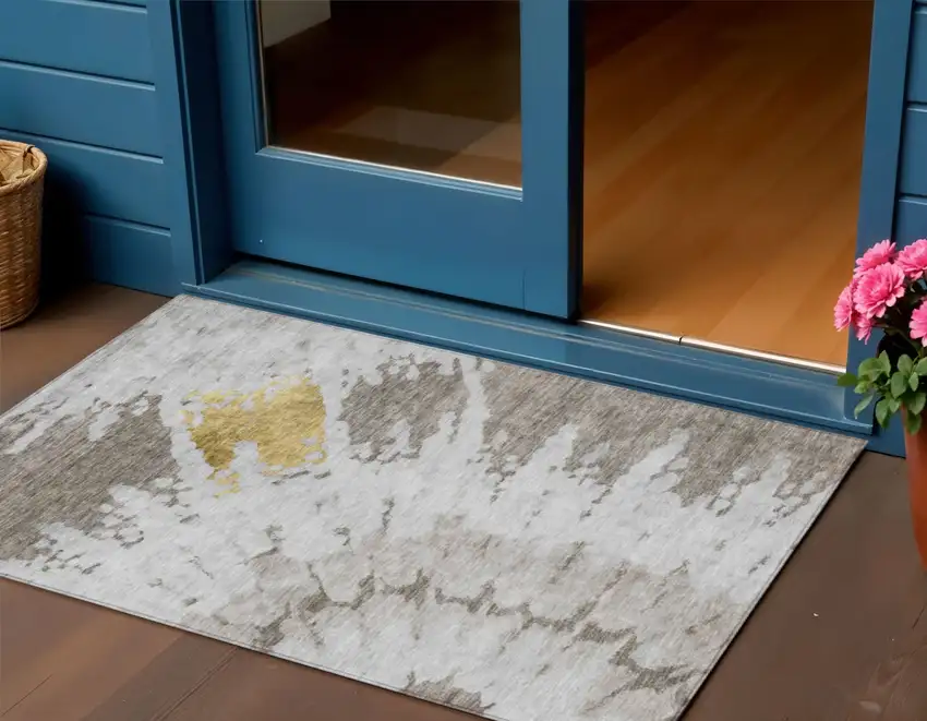 Taupe Khaki And Ivory Abstract Washable Indoor Outdoor Area Rug Photo 1