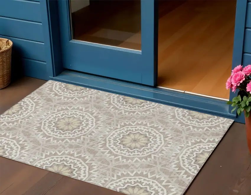 Taupe Khaki And Ivory Floral Medallion Washable Indoor Outdoor Area Rug Photo 1