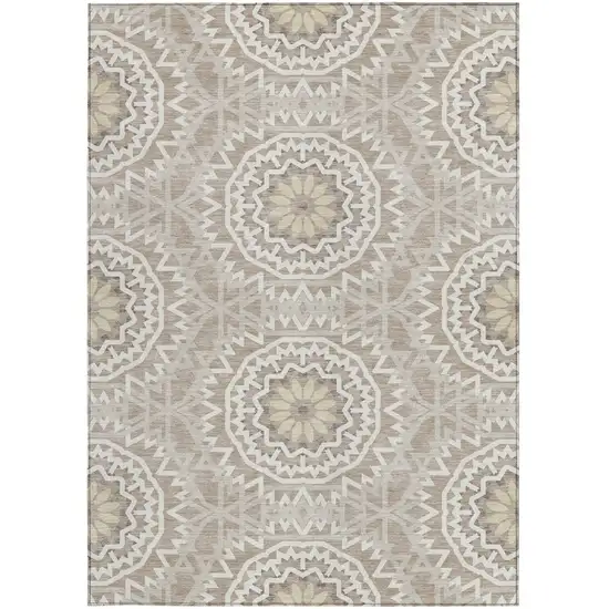 Taupe Khaki And Ivory Floral Medallion Washable Indoor Outdoor Area Rug Photo 5