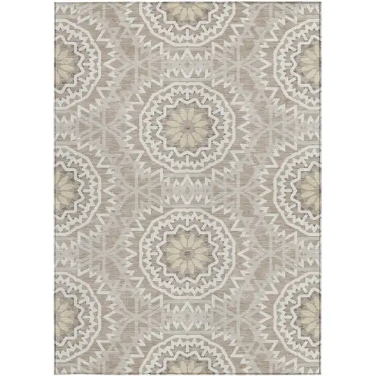 Taupe Khaki And Ivory Floral Medallion Washable Indoor Outdoor Area Rug Photo 5