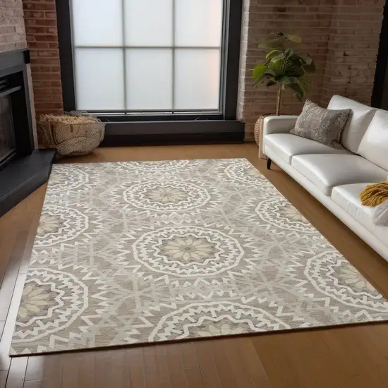Taupe Khaki And Ivory Floral Medallion Washable Indoor Outdoor Area Rug Photo 8