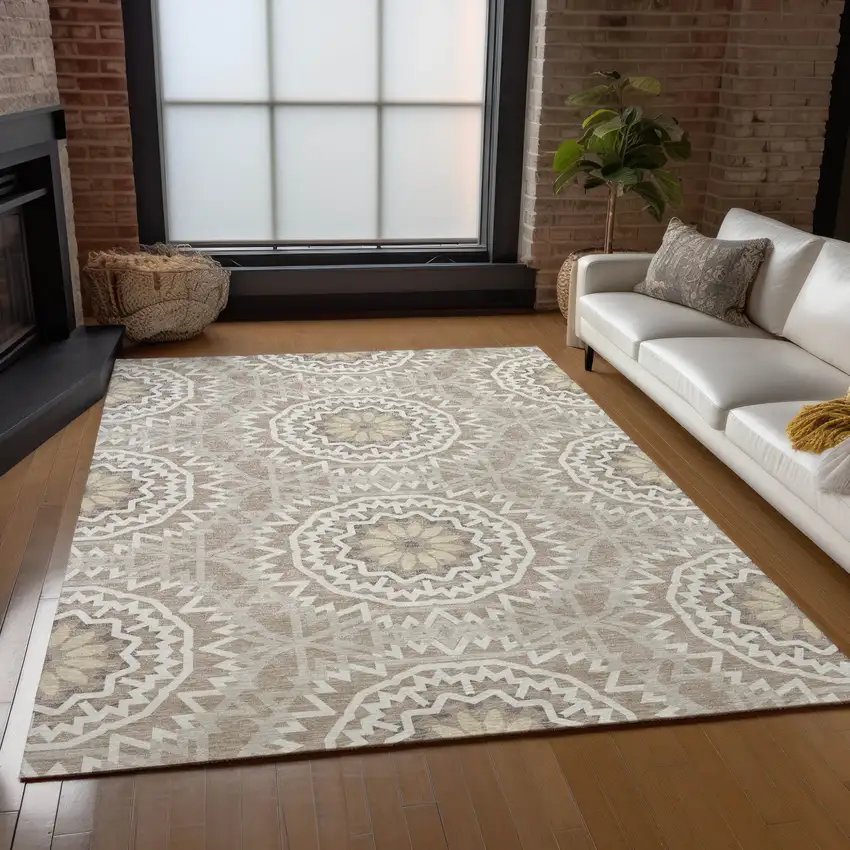 Taupe Khaki And Ivory Floral Medallion Washable Indoor Outdoor Area Rug Photo 8