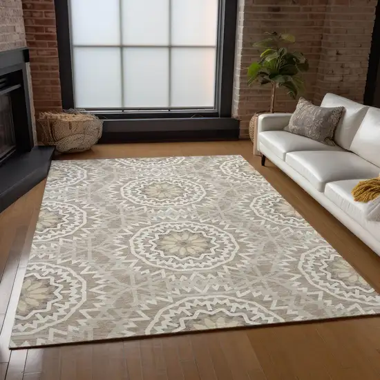 Taupe Khaki And Ivory Floral Medallion Washable Indoor Outdoor Area Rug Photo 8