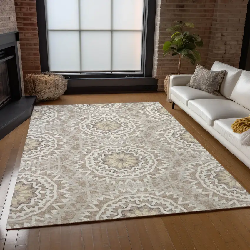 Taupe Khaki And Ivory Floral Medallion Washable Indoor Outdoor Area Rug Photo 8