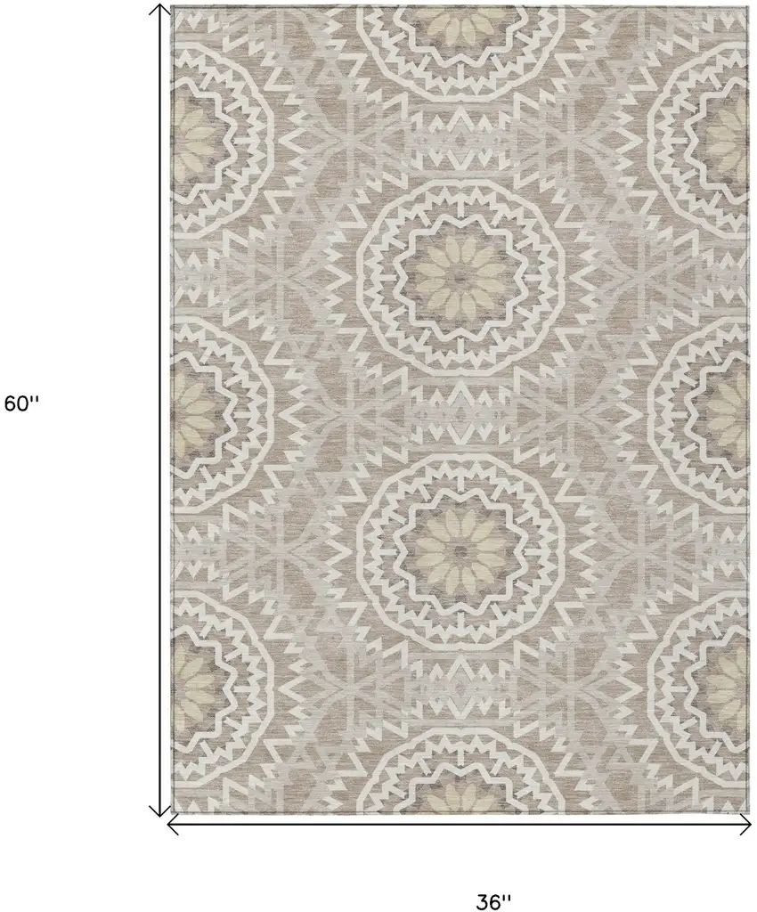 Taupe Khaki And Ivory Floral Medallion Washable Indoor Outdoor Area Rug Photo 3