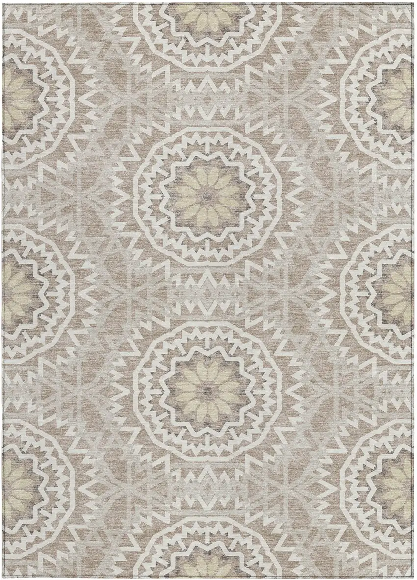 Taupe Khaki And Ivory Floral Medallion Washable Indoor Outdoor Area Rug Photo 5