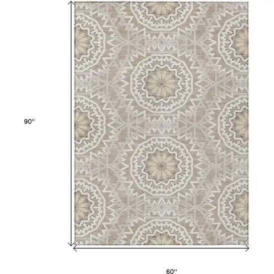 Taupe Khaki And Ivory Floral Medallion Washable Indoor Outdoor Area Rug Photo 3