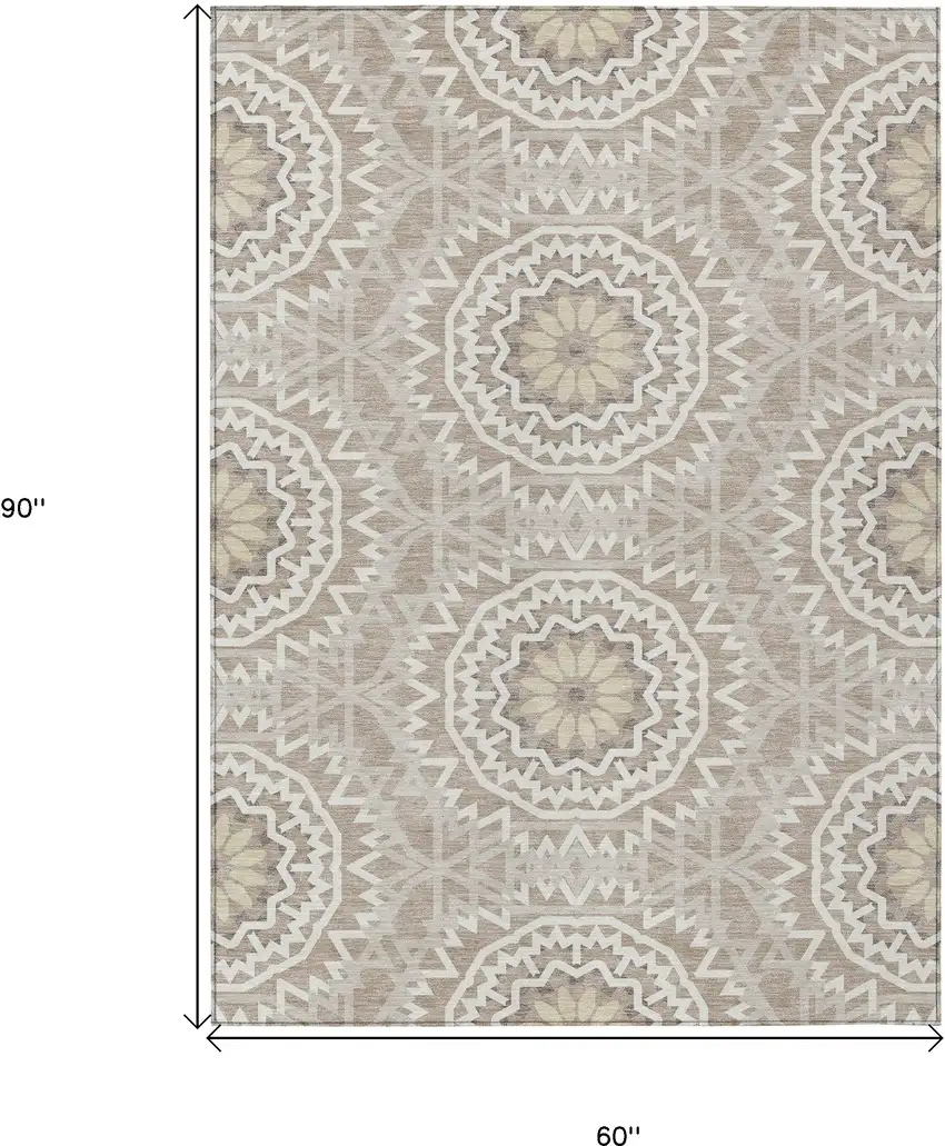 Taupe Khaki And Ivory Floral Medallion Washable Indoor Outdoor Area Rug Photo 3