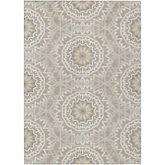 Taupe Khaki And Ivory Floral Medallion Washable Indoor Outdoor Area Rug Photo 2